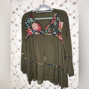 Hannah Olive Green Floral Embroidered Blouse